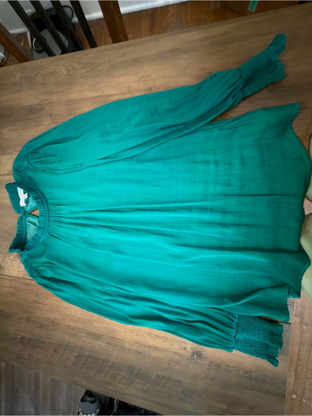 Long-Sleeve Teal Green Smocked Cuff Blouse